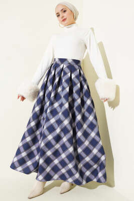 Pileli Ekoseli Fermuarlı Etek Lacivert - Etek