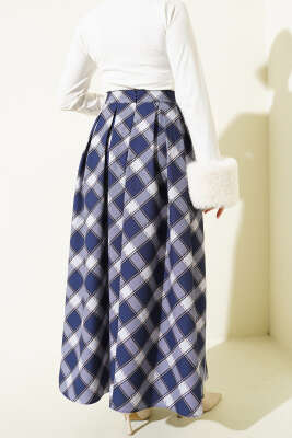 Pileli Ekoseli Fermuarlı Etek Lacivert - Etek