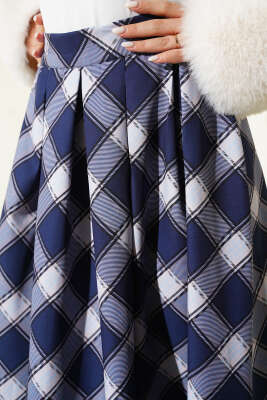 Pileli Ekoseli Fermuarlı Etek Lacivert - Etek