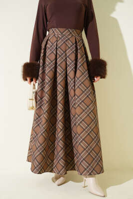 Pileli Ekoseli Fermuarlı Etek Latte - BERAT TEKSTİL