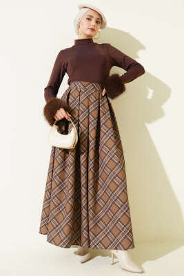 Pileli Ekoseli Fermuarlı Etek Latte - Etek