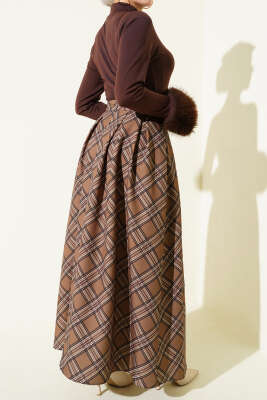 Pileli Ekoseli Fermuarlı Etek Latte - Etek