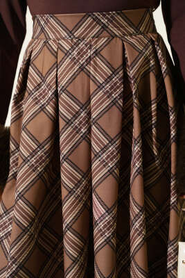 Pileli Ekoseli Fermuarlı Etek Latte - Etek