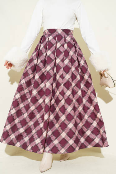 Pileli Ekoseli Fermuarlı Etek Mürdüm - Etek