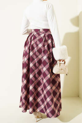 Pileli Ekoseli Fermuarlı Etek Mürdüm - Etek