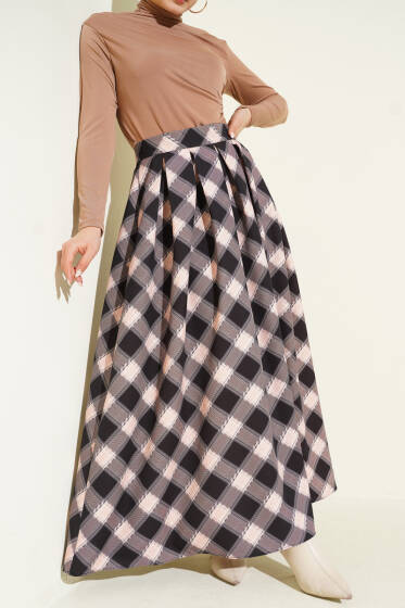 Pileli Ekoseli Fermuarlı Etek Siyah - Etek