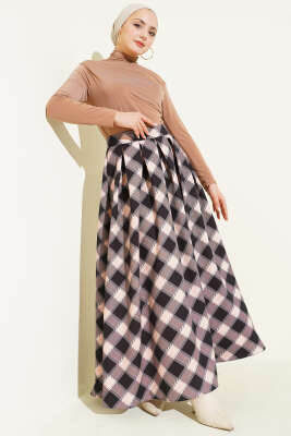 Pileli Ekoseli Fermuarlı Etek Siyah - Etek