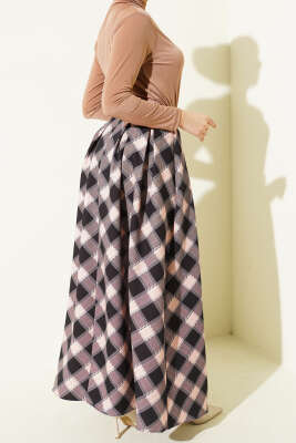 Pileli Ekoseli Fermuarlı Etek Siyah - Etek