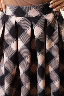 Pileli Ekoseli Fermuarlı Etek Siyah - Etek