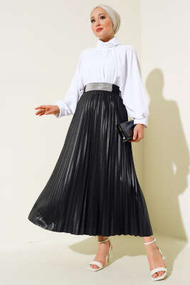 Pileli Etek Siyah - Uzun Etek