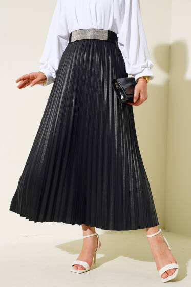 Pileli Etek Siyah - Uzun Etek