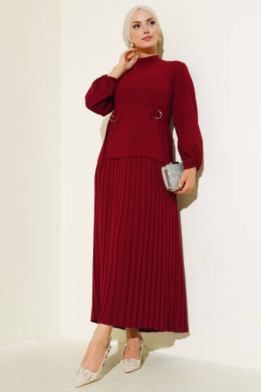 Pileli Etekli İkili Takım Bordo - İkili Takım