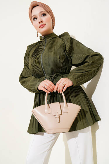 Pileli Fermuarlı Kap Haki - Dış Giyim&Mont