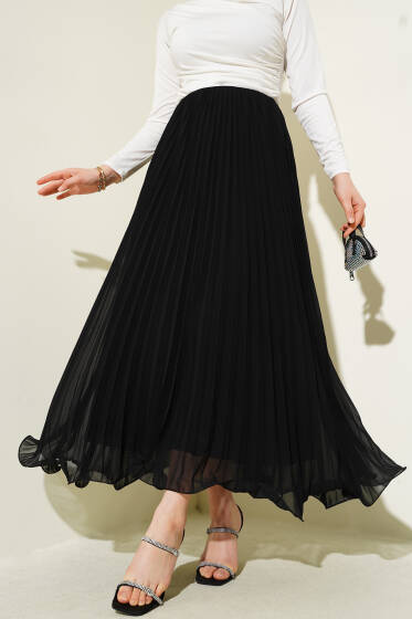 Pileli Fırfır Uçlu Şifon Etek Siyah - Etek
