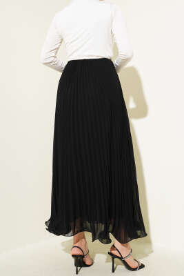 Pileli Fırfır Uçlu Şifon Etek Siyah - Uzun Etek