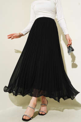 Pileli Fırfır Uçlu Şifon Etek Siyah - Uzun Etek