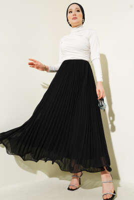 Pileli Fırfır Uçlu Şifon Etek Siyah - Uzun Etek