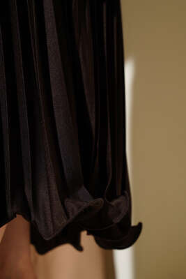 Pileli Fırfırlı Bel Lastikli Etek Acı Kahve - Uzun Etek