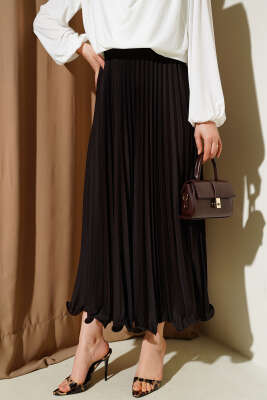 Pileli Fırfırlı Bel Lastikli Etek Acı Kahve 