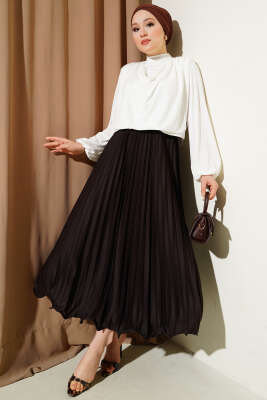 Pileli Fırfırlı Bel Lastikli Etek Acı Kahve - Uzun Etek