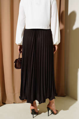 Pileli Fırfırlı Bel Lastikli Etek Acı Kahve - Uzun Etek