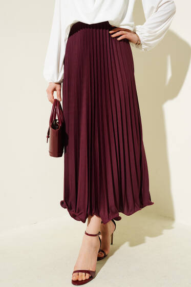 Pileli Fırfırlı Bel Lastikli Etek Bordo - Etek