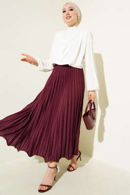 Pileli Fırfırlı Bel Lastikli Etek Bordo - Uzun Etek