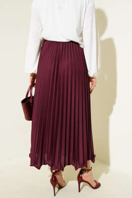 Pileli Fırfırlı Bel Lastikli Etek Bordo - Uzun Etek