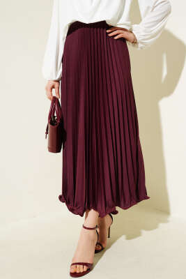 Pileli Fırfırlı Bel Lastikli Etek Bordo - VAV TEKSTİL