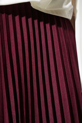 Pileli Fırfırlı Bel Lastikli Etek Bordo - Uzun Etek