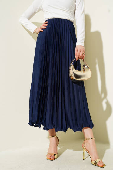 Pileli Fırfırlı Bel Lastikli Etek Lacivert - Etek