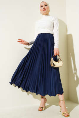 Pileli Fırfırlı Bel Lastikli Etek Lacivert - Uzun Etek