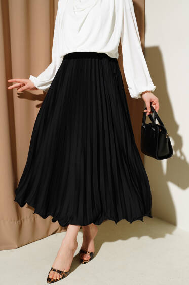 Pileli Fırfırlı Bel Lastikli Etek Siyah - Uzun Etek