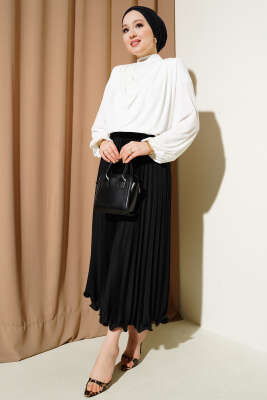 Pileli Fırfırlı Bel Lastikli Etek Siyah - Uzun Etek