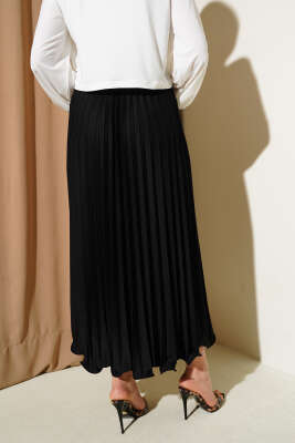 Pileli Fırfırlı Bel Lastikli Etek Siyah - Uzun Etek