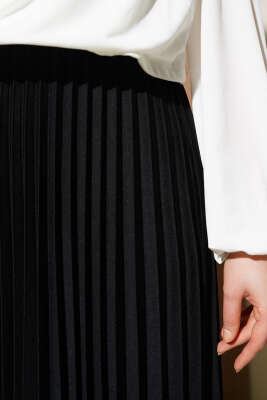 Pileli Fırfırlı Bel Lastikli Etek Siyah - Uzun Etek