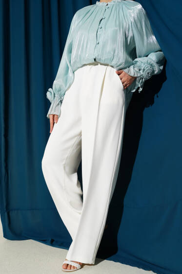 Pileli Geniş Paça Kumaş Pantolon Beyaz - Pantolon