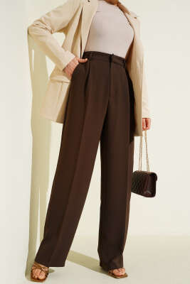 Pileli Geniş Paça Kumaş Pantolon Kahve - MİSS PERRY