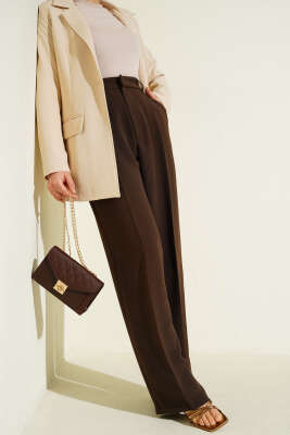 Pileli Geniş Paça Kumaş Pantolon Kahve - Pantolon