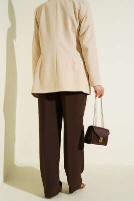 Pileli Geniş Paça Kumaş Pantolon Kahve - Pantolon