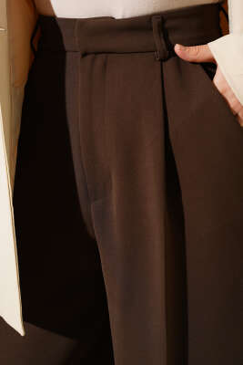 Pileli Geniş Paça Kumaş Pantolon Kahve - Pantolon