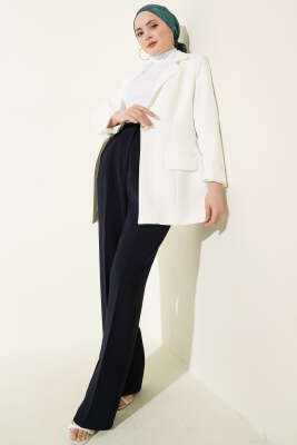 Pileli Geniş Paça Kumaş Pantolon Lacivert - Pantolon