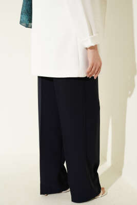 Pileli Geniş Paça Kumaş Pantolon Lacivert - Pantolon