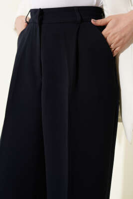 Pileli Geniş Paça Kumaş Pantolon Lacivert - Pantolon