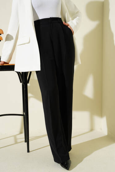 Pileli Geniş Paça Kumaş Pantolon Siyah - Pantolon