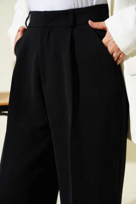 Pileli Geniş Paça Kumaş Pantolon Siyah - Pantolon