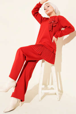 Pileli Gül Aksesuarlı Scuba İkili Takım Bordo - HBS