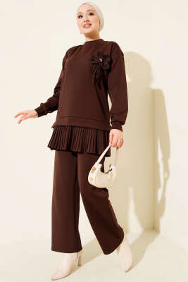 Pileli Gül Aksesuarlı Scuba İkili Takım Kahve - HBS