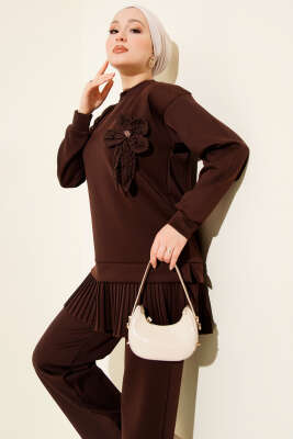 Pileli Gül Aksesuarlı Scuba İkili Takım Kahve - İkili Takım