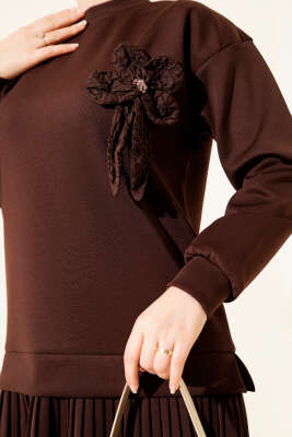 Pileli Gül Aksesuarlı Scuba İkili Takım Kahve - İkili Takım